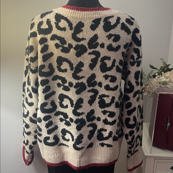 Black and Cream Leopard Print Sweater with Red Trim - Picture 4 of 10